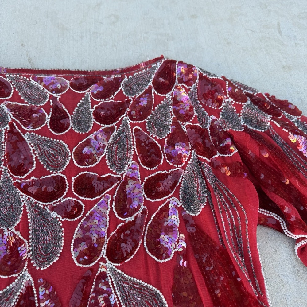 Vintage Art Deco Pure Silk Medium Red Rhinestone‎ Sequin Bling Beaded Iridescent - Picture 8 of 9